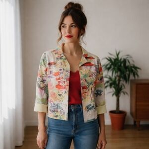 Studio Works Petite Vibrant Scenic Art Print with sequins Cotton Jacket Size MP